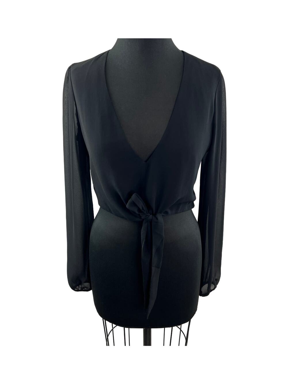 YUMI KIM It Takes Two Top Only Black Long Sheer Sleeves Cropped Tie Front Size M